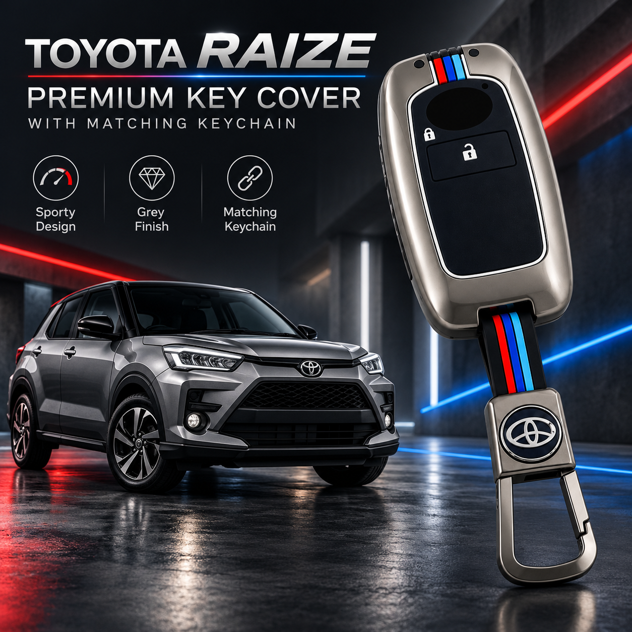 Toyota Raize, Toyota Raize Key Cover, Raize Key Case, Grey Key Cover, Toyota Keychain, 2 Button Key Cover, Car Key Accessories