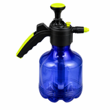Manual pressure sprayer bottle for car wash cleaning with adjustable nozzle black handle and transparent blue body