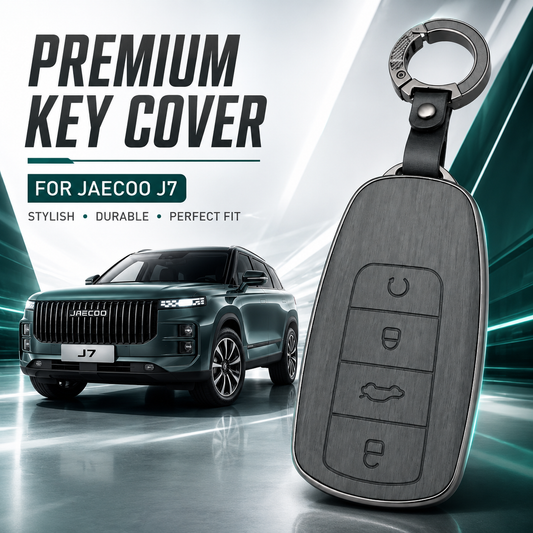 Premium Leather Key Cover with Keychain for JAECOO J7 – Black