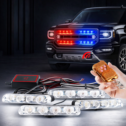 4-Piece LED Grill Strobe Flasher Lights with Remote – Universal Car Interior Emergency Light Kit