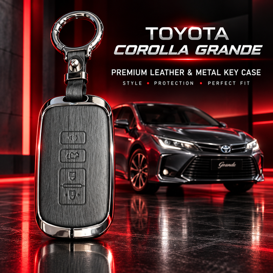 Toyota Corolla Grande Key Cover, Corolla Grande Key Case, Toyota Grande Remote Cover, Corolla Grande Smart Key Cover, Toyota Four Button Key Cover, Toyota Leather Key Cover, Toyota Metal Key Cover, Leather and Metal Key Case, Toyota Corolla Keychain Cover, Premium Car Key Cover, Gunmetal Key Cover, Scratch Resistant Key Case, Toyota Corolla Accessories, Corolla Grande Accessories Pakistan, Car Key Cover Pakistan