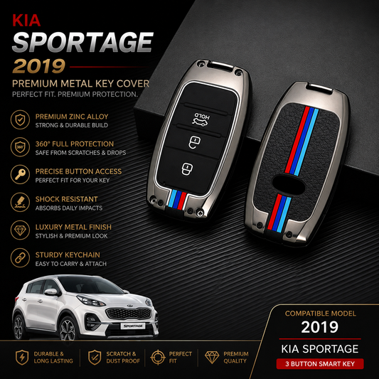 KIA Sportage 2019, Sportage Key Cover, KIA Key Cover, Zinc Alloy Key Cover, Metal Key Cover, 3 Button Key Cover, Smart Key Case, Gunmetal Key Cover, KIA Accessories, Car Accessories Pakistan