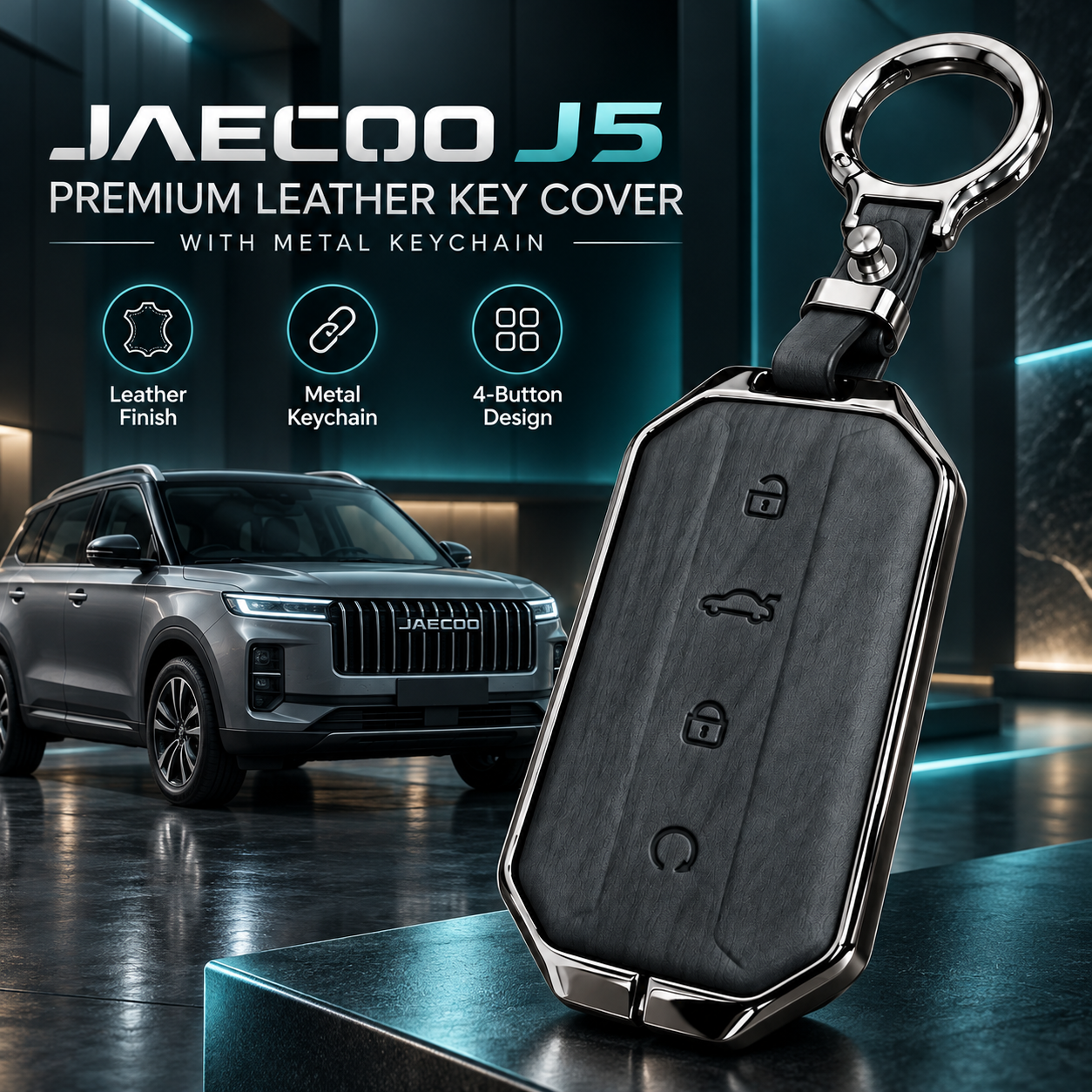Jaecoo J5, Jaecoo J5 Key Cover, Leather Key Case, Black Key Cover, Metal Keychain, 4 Button Key Cover, Car Key Accessories