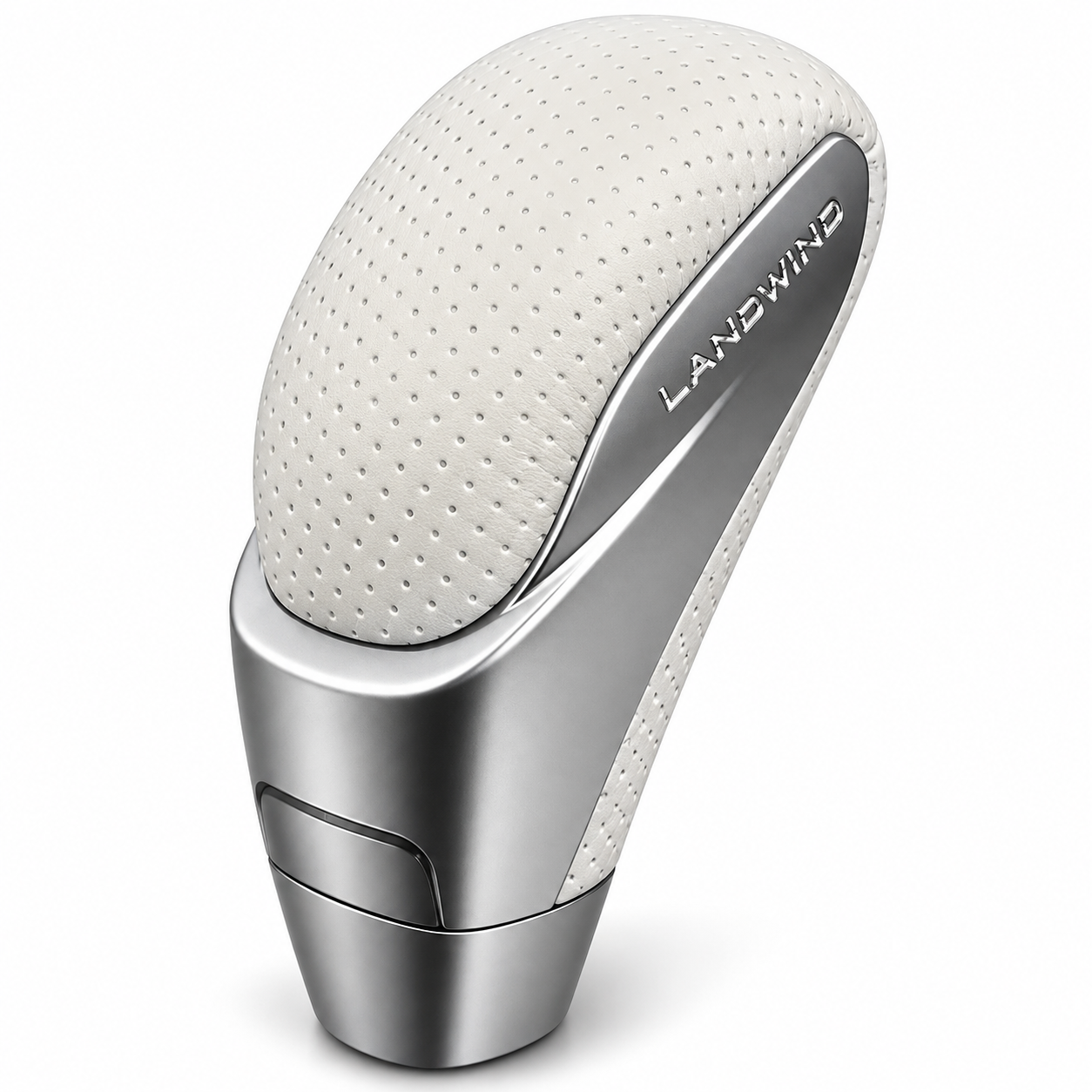 A Landwind automatic gear shift selector knob with a white perforated leather top and a polished silver metallic base, shown on a clean white background.