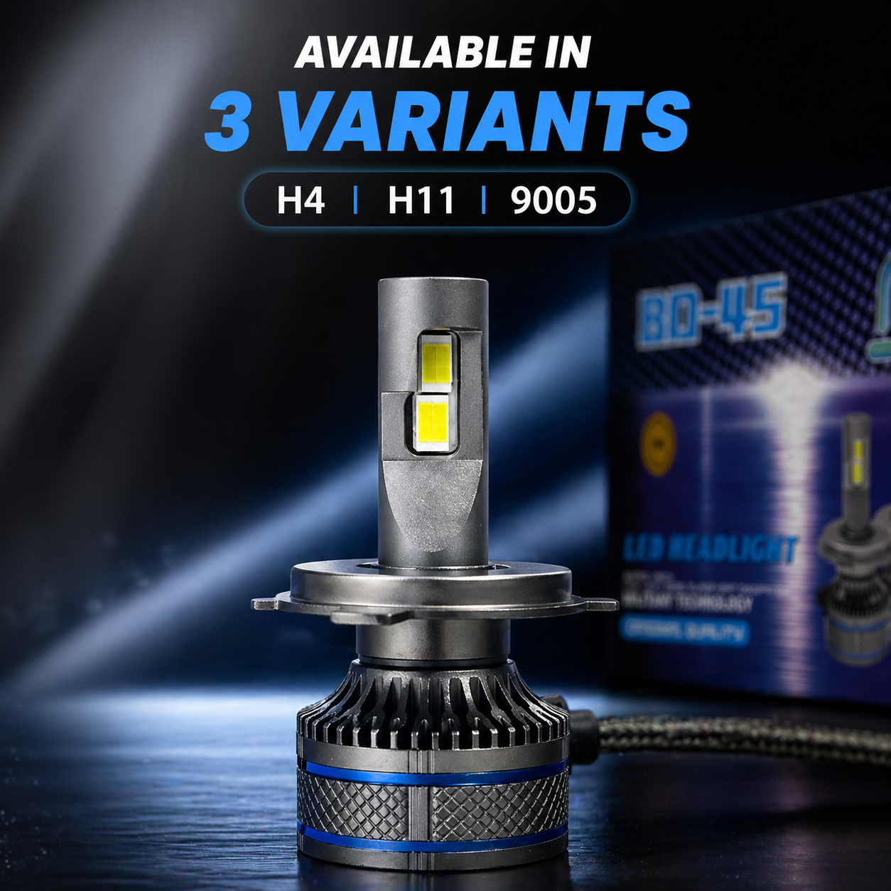BD-45 LED bulb close-up showing high power LED chips and cooling fan design