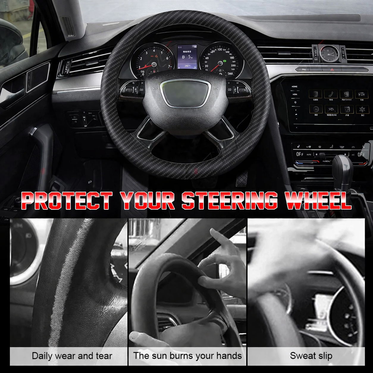 Premium leather steering wheel cover black car interior Shark Auto