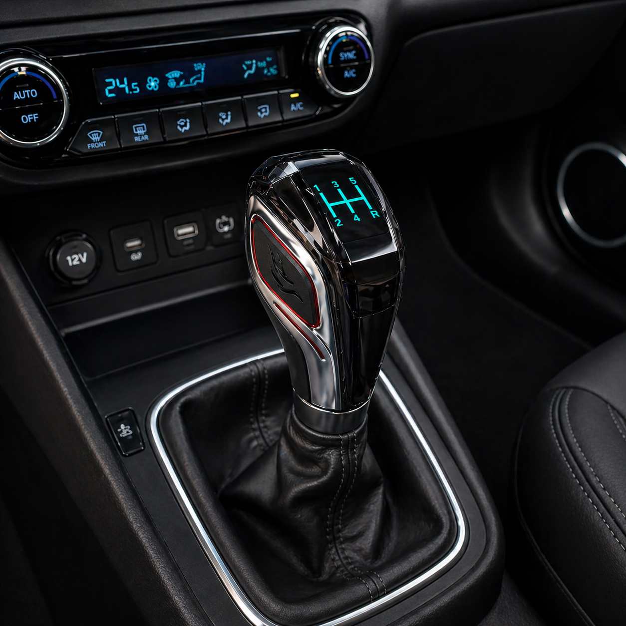 M-Spirit gear shift knob installed in car interior with glowing LED display