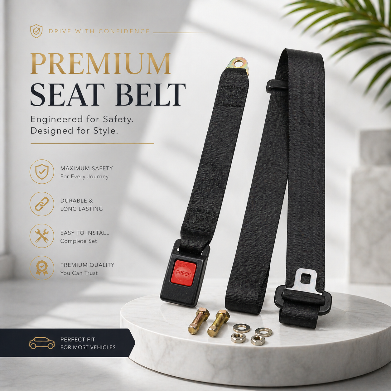 Universal vehicle safety seat belt kit close-up showing locking buckle and metal hardware
