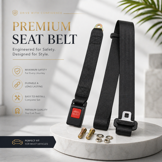 Universal vehicle safety seat belt kit close-up showing locking buckle and metal hardware