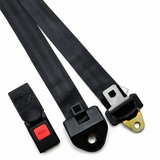 Car seat belt with black webbing and metal hardware on a white background