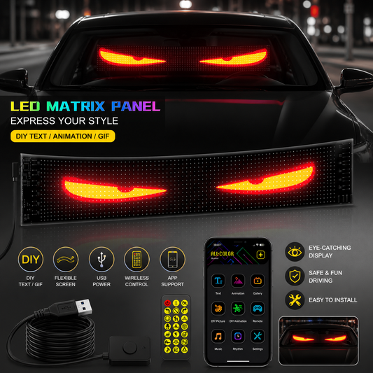 LED matrix windshield display installed in Honda Civic showing red animated eyes
