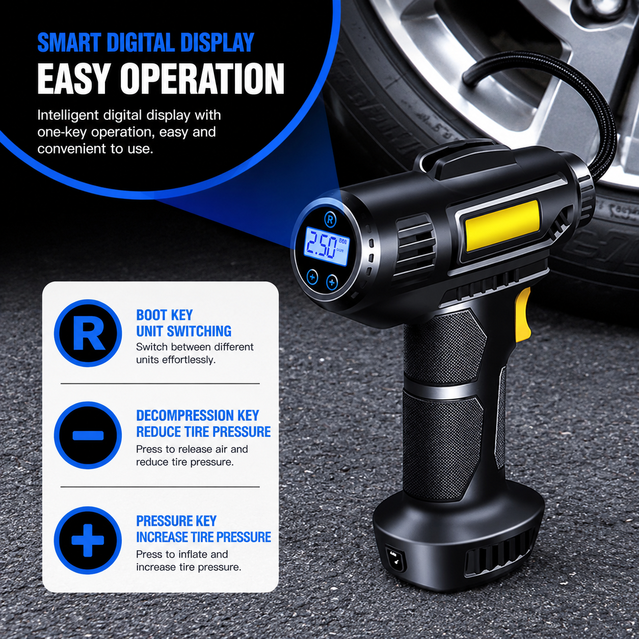 Compact cordless car air compressor with LED light and fast inflation technology