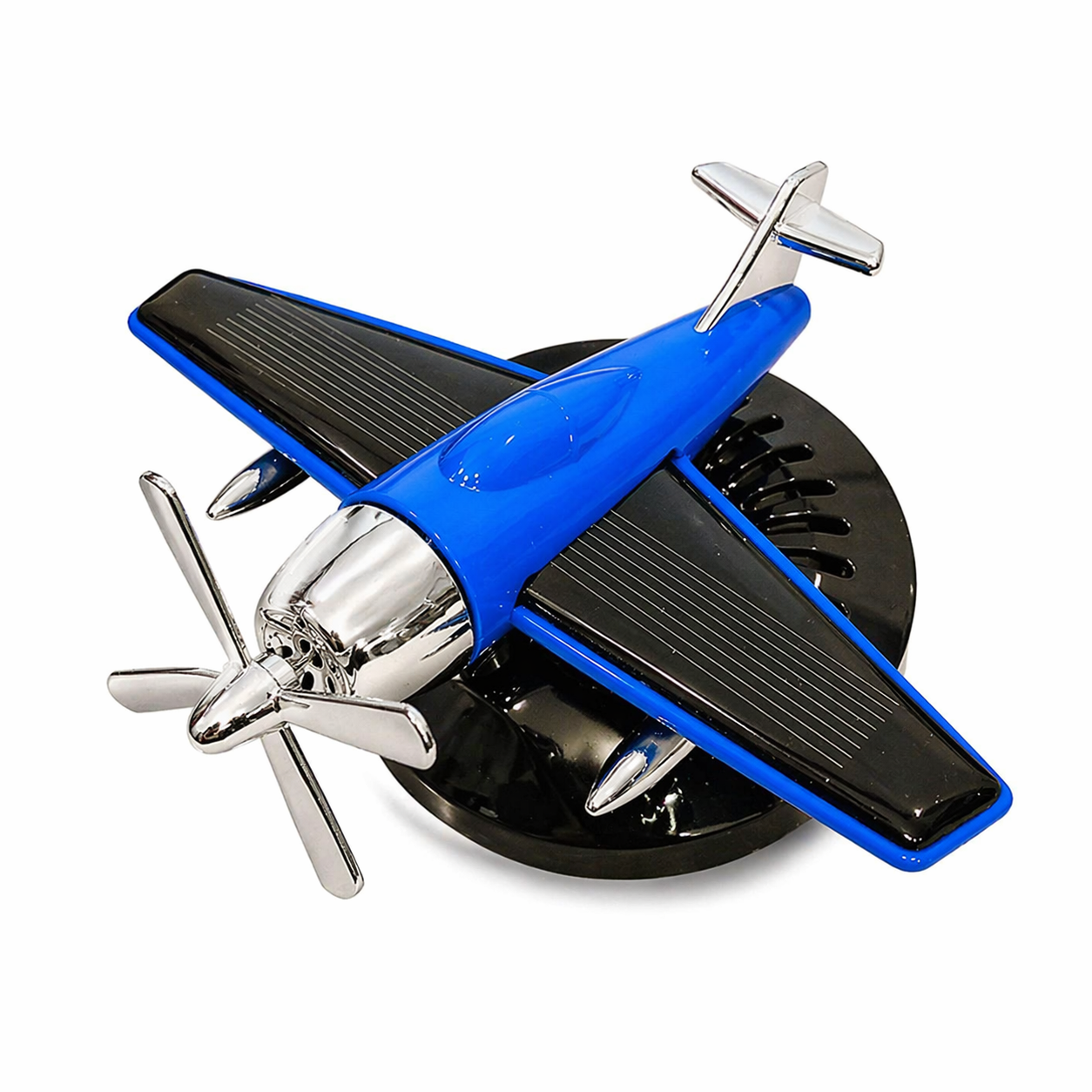 Solar powered airplane car fragrance diffuser with rotating propeller and wing solar panels
