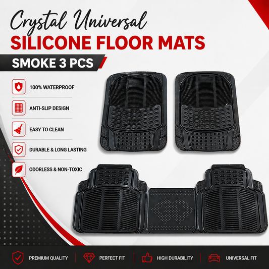 Crystal Universal Silicone Car Floor Mats Smoke Black 3 Pcs Set on white background with waterproof anti-slip design