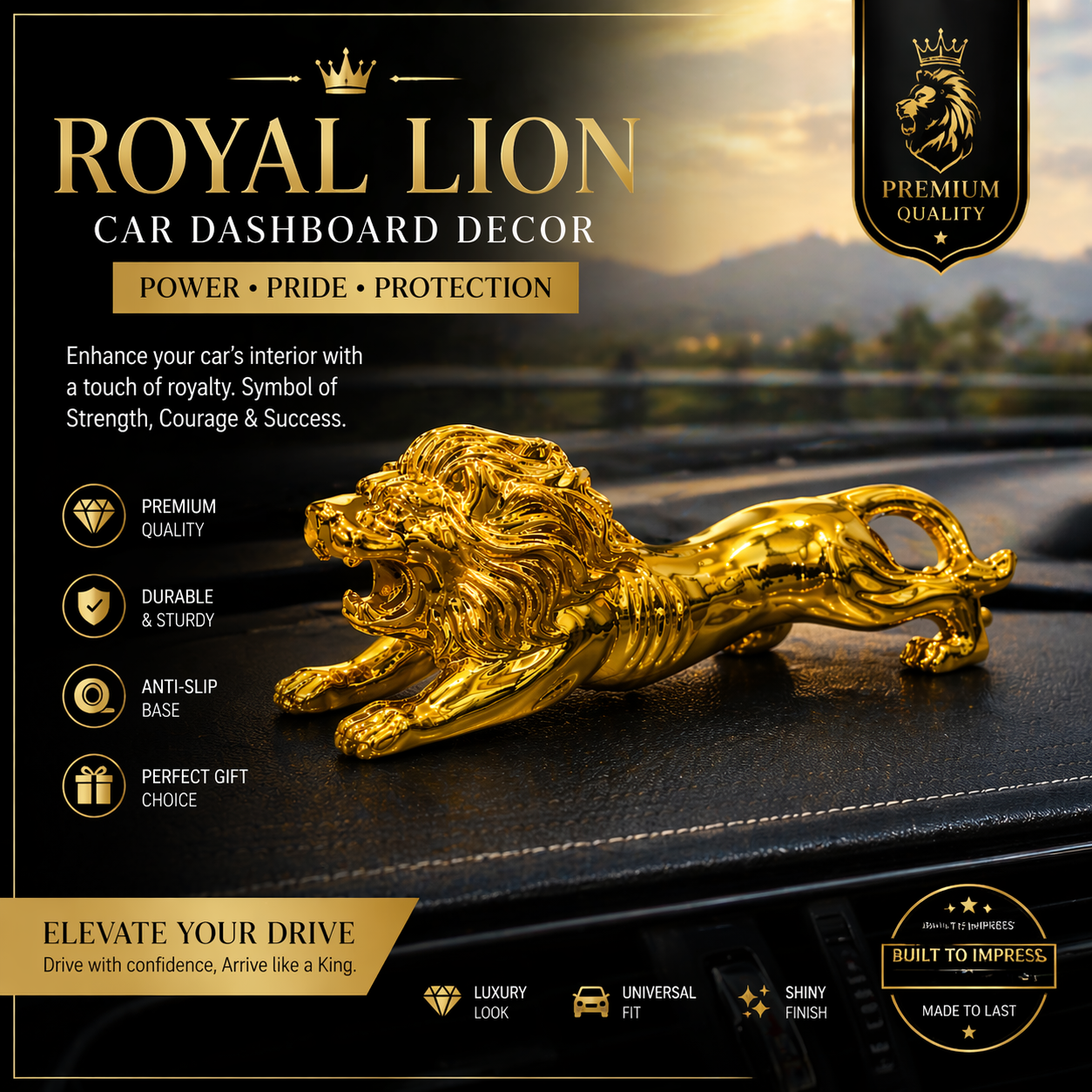 Royal Lion gold car dashboard decor ornament with luxury glossy finish