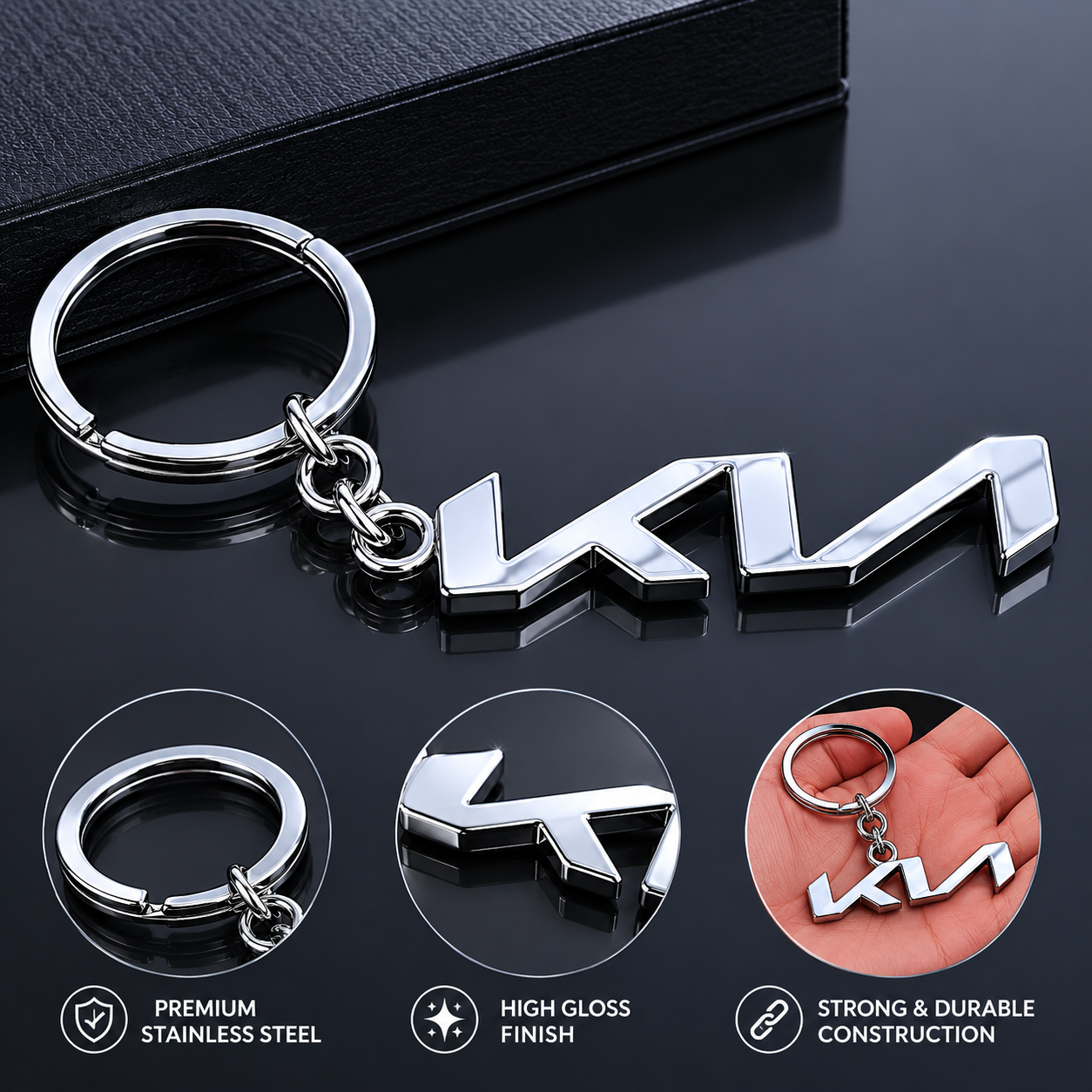 Kia logo keychain and metal emblem on a dark surface with product features highlighted.