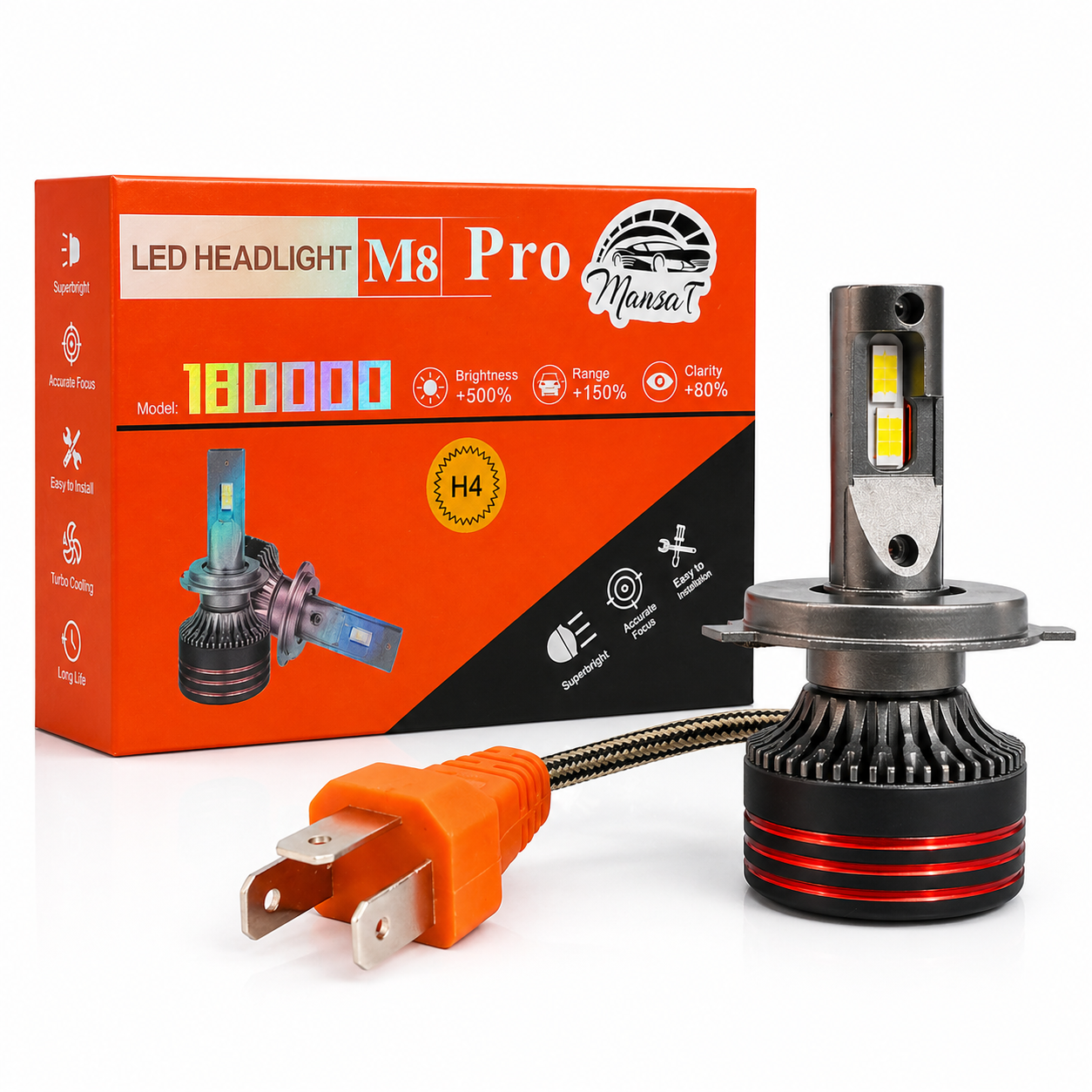 M8 Pro LED bulb with wiring and connector automotive lighting product clean studio image