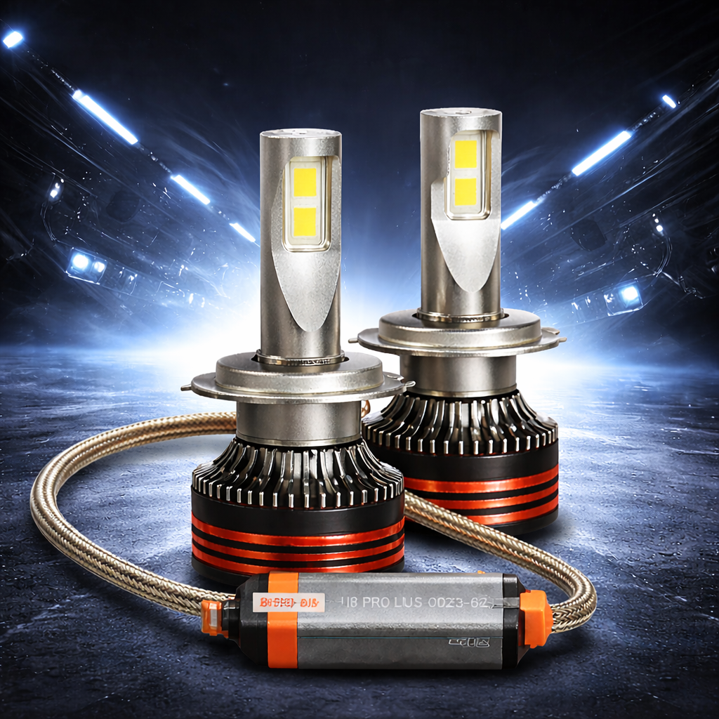 Two car headlight bulbs with a dark background