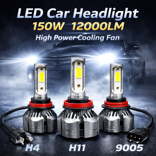 LED Car Headlight 150W 12000LM High Power Cooling Fan (H4 / H11 / 9005 Fitting)