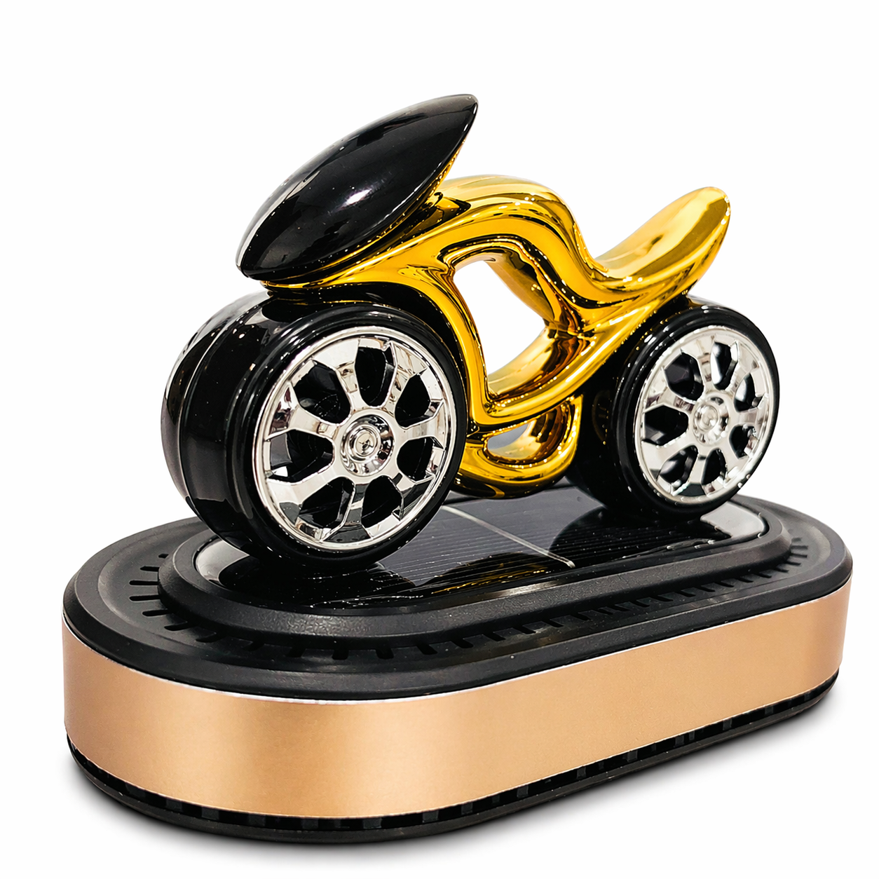 Gold and black solar powered dashboard perfume diffuser with spinning rims for car interior decoration