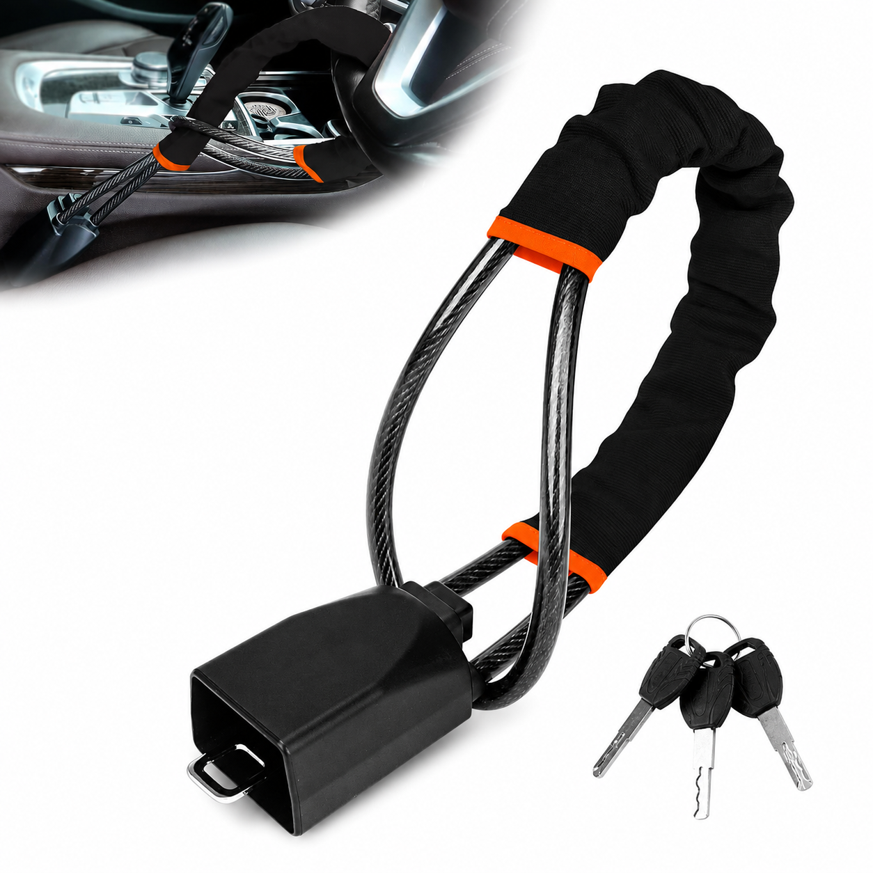 Buy heavy-duty universal car anti-theft steering wheel lock cable with 3 keys. Strong steel cable security lock for cars, SUVs, and vans.