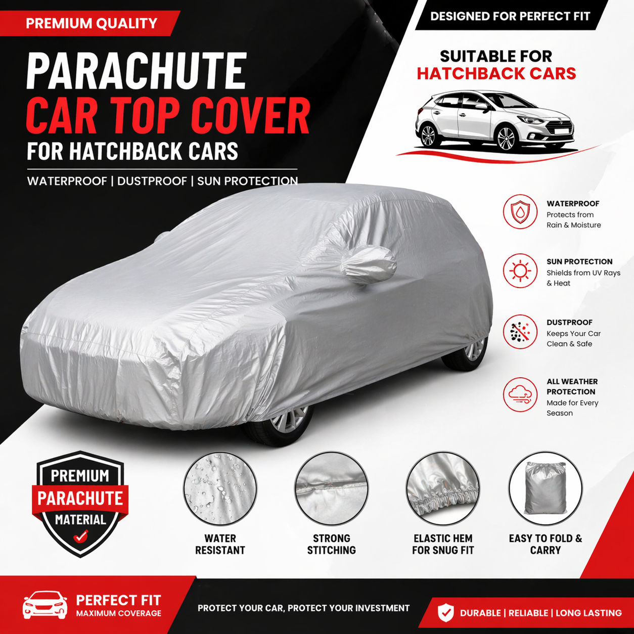 Premium parachute top cover for hatchback cars with waterproof, dustproof, and sun protection features