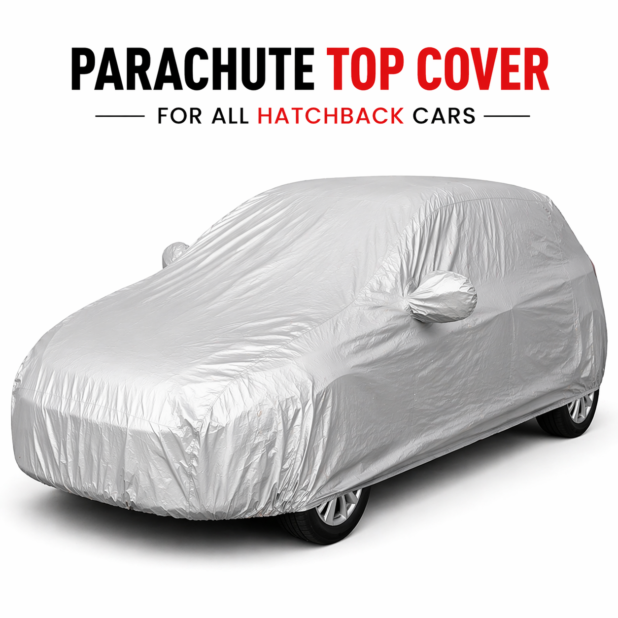 Silver waterproof parachute car top cover installed on hatchback car with full body protection design