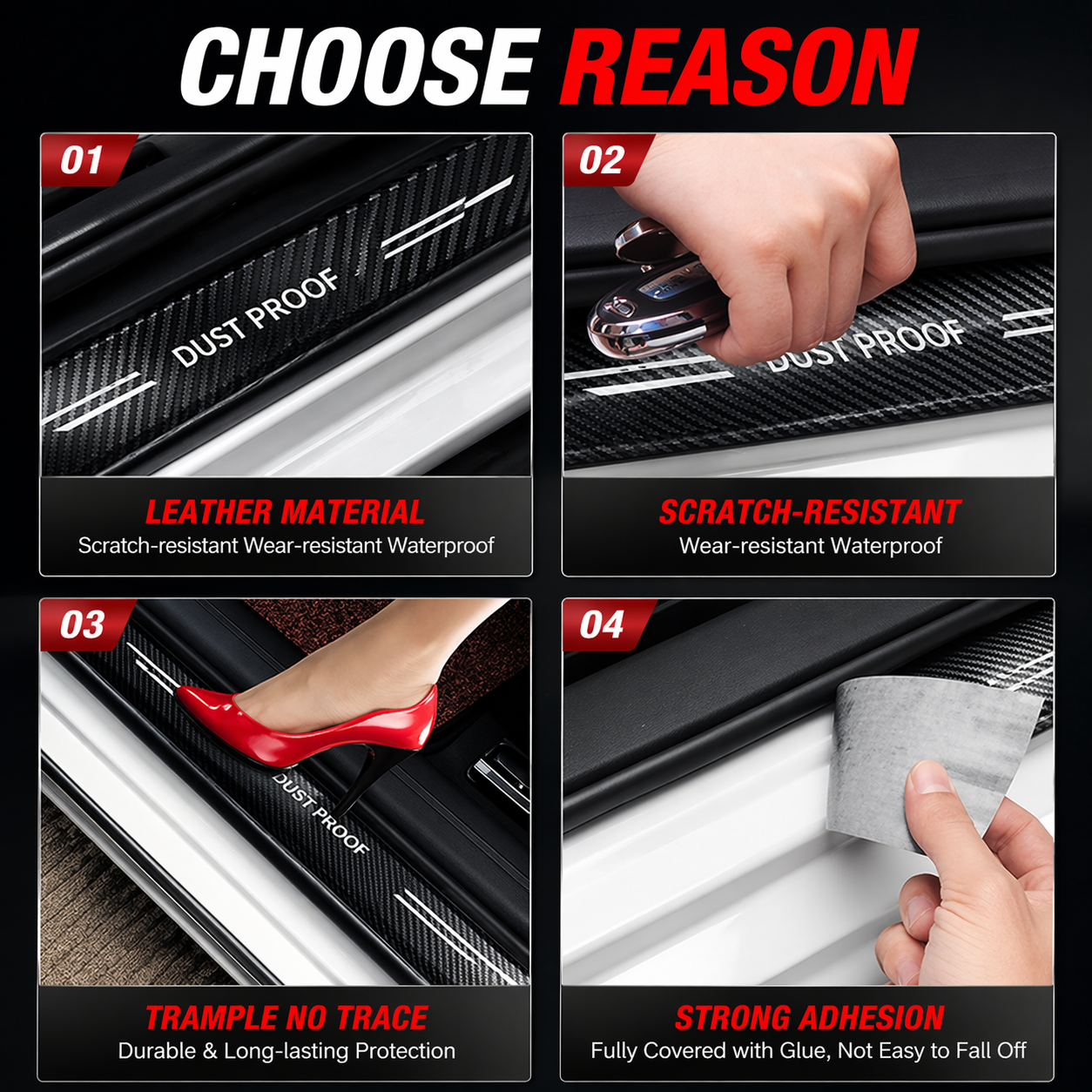 Car door sill protector anti scratch sticker with shoe stepping demonstration