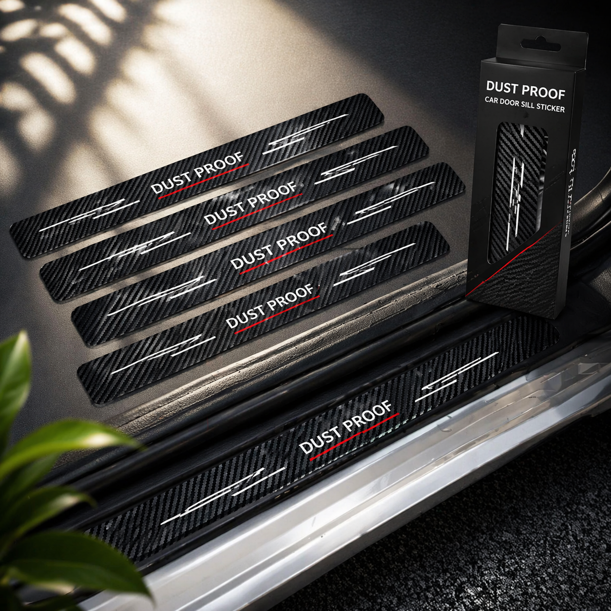 Set of dust proof car door sill stickers with packaging on a car door.
