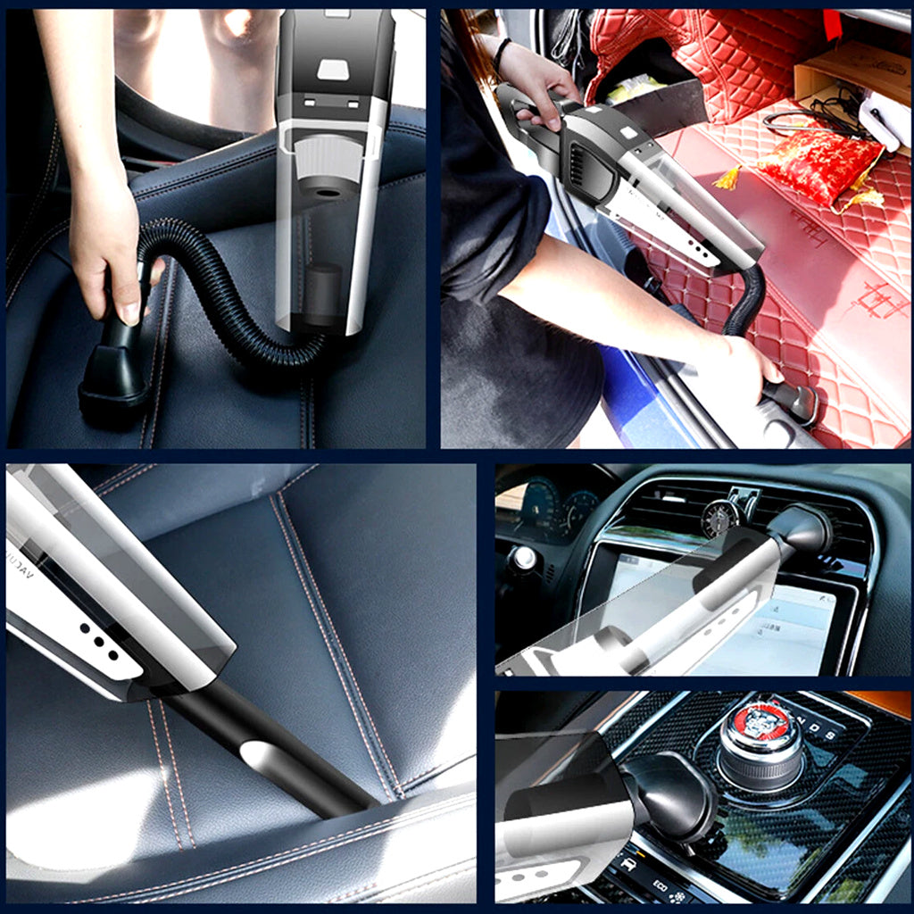 Collage of a car cleaning tool being used on various parts of a car interior.