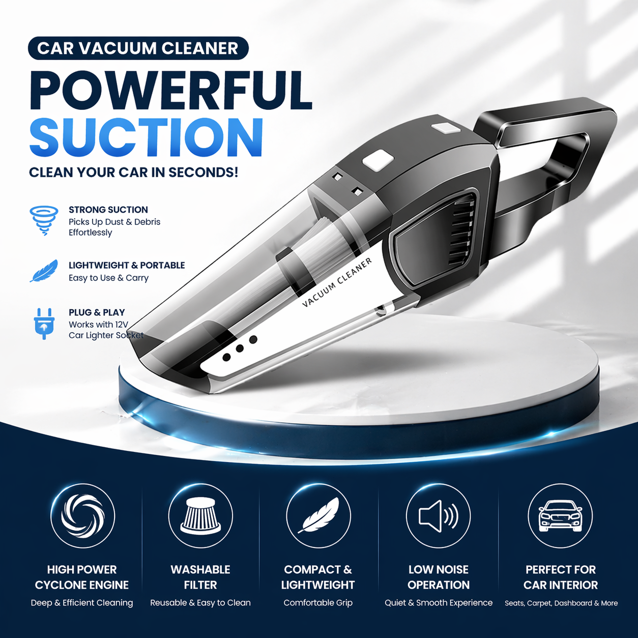 Car vacuum cleaner with features highlighted on a white background