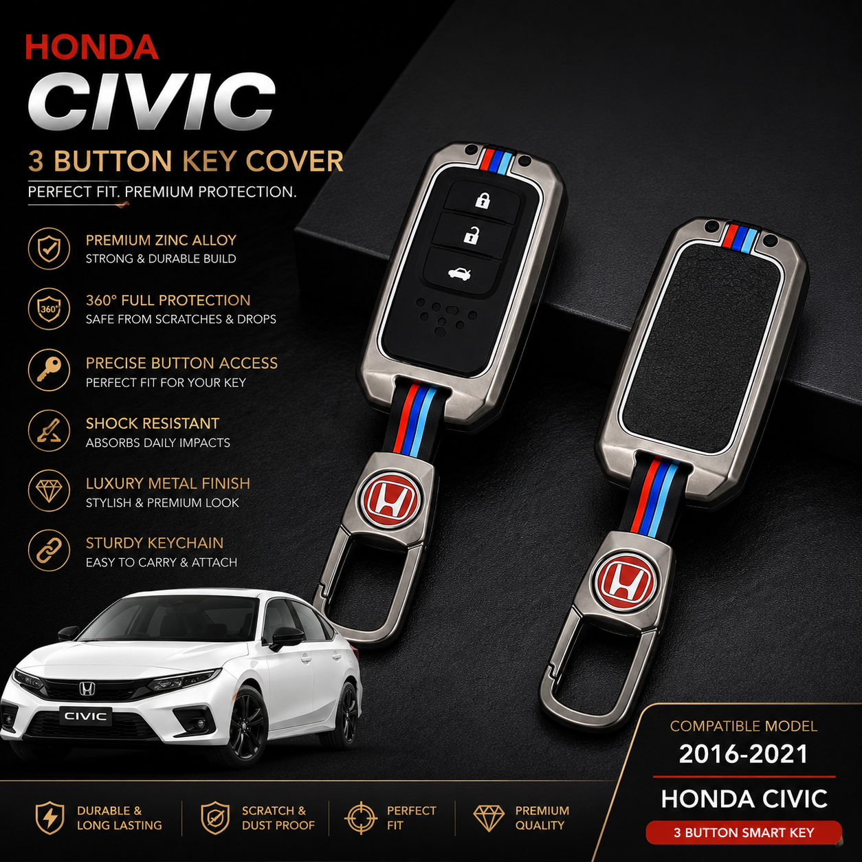 Honda Civic, Honda Civic 2016, Honda Civic 2017, Honda Civic 2018, Honda Civic 2019, Honda Civic 2020, Honda Civic 2021, Civic X Key Cover, Honda Civic Key Cover, Honda Key Cover, Zinc Alloy Key Cover, Metal Key Cover, Premium Key Case, 3 Button Key Cover, Smart Key Cover, Gunmetal Key Cover, Car Key Protection, Honda Accessories, Car Key Accessories, Key Cover Pakistan, Shark Auto
