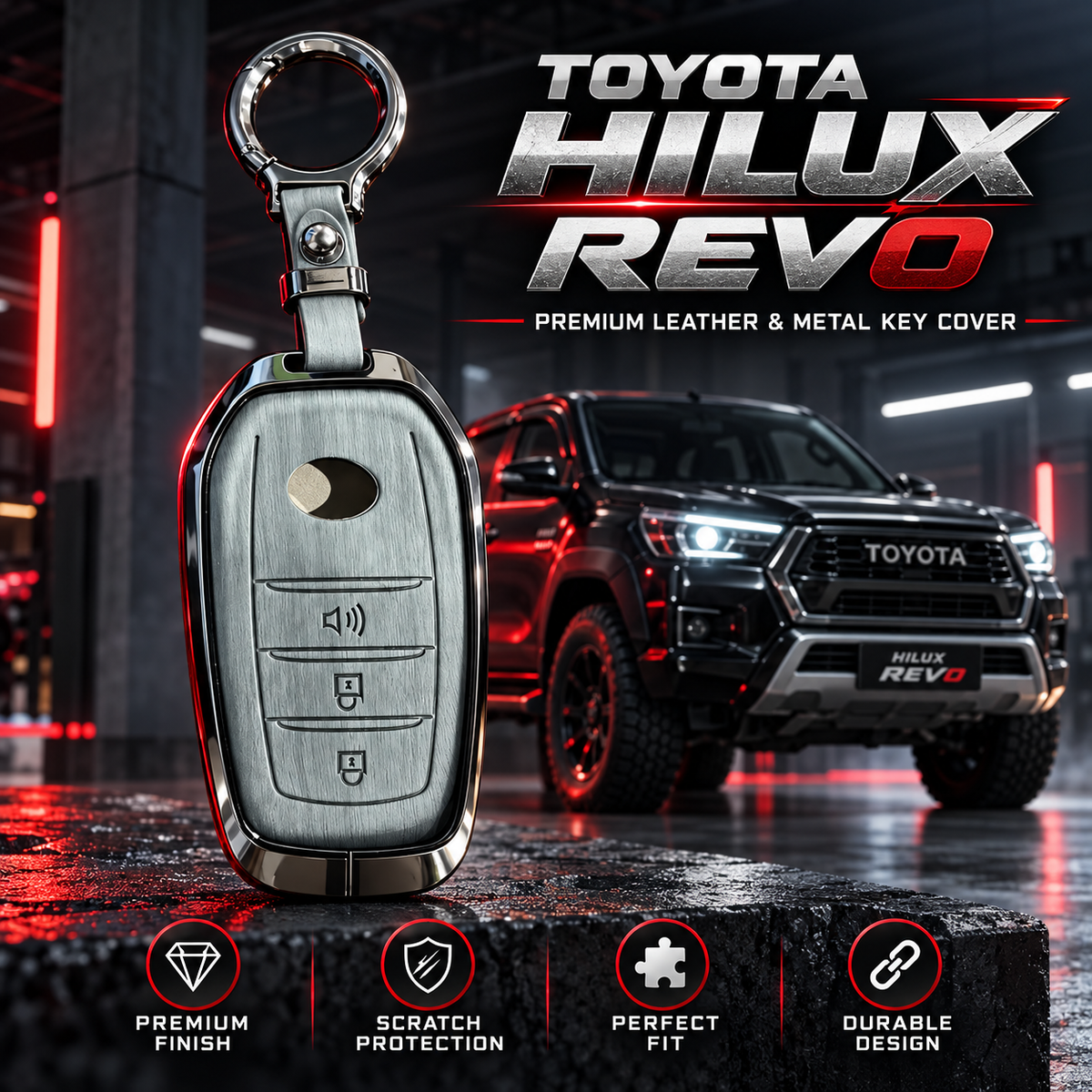 Toyota Hilux Revo Key Cover, Hilux Revo Key Case, Toyota Revo Remote Cover, Revo Three Button Key Cover, Hilux Revo Smart Key Cover, Toyota Leather Key Cover, Toyota Metal Key Cover, Leather and Metal Key Case, Hilux Revo Keychain Cover, Premium Car Key Cover, Silver Key Cover, Gunmetal Key Cover, Scratch Resistant Key Case, Toyota Hilux Accessories, Revo Accessories Pakistan, Car Key Cover Pakistan