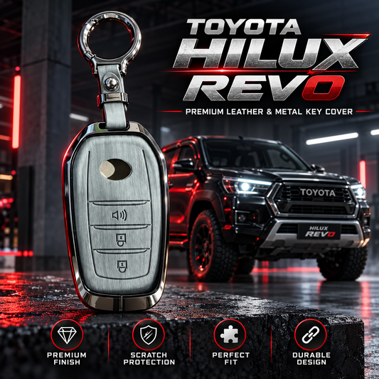 Toyota Hilux Revo Key Cover, Hilux Revo Key Case, Toyota Revo Remote Cover, Revo Three Button Key Cover, Hilux Revo Smart Key Cover, Toyota Leather Key Cover, Toyota Metal Key Cover, Leather and Metal Key Case, Hilux Revo Keychain Cover, Premium Car Key Cover, Silver Key Cover, Gunmetal Key Cover, Scratch Resistant Key Case, Toyota Hilux Accessories, Revo Accessories Pakistan, Car Key Cover Pakistan