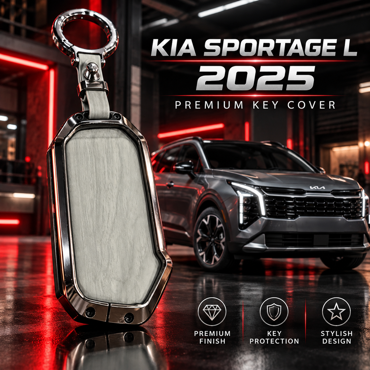 KIA Sportage L, Sportage L 2025, KIA Key Cover, Sportage Key Case, Leather Key Cover, Metal Key Cover, Light Grey Key Cover, Gunmetal Key Cover, Car Keychain, Sportage L Accessories