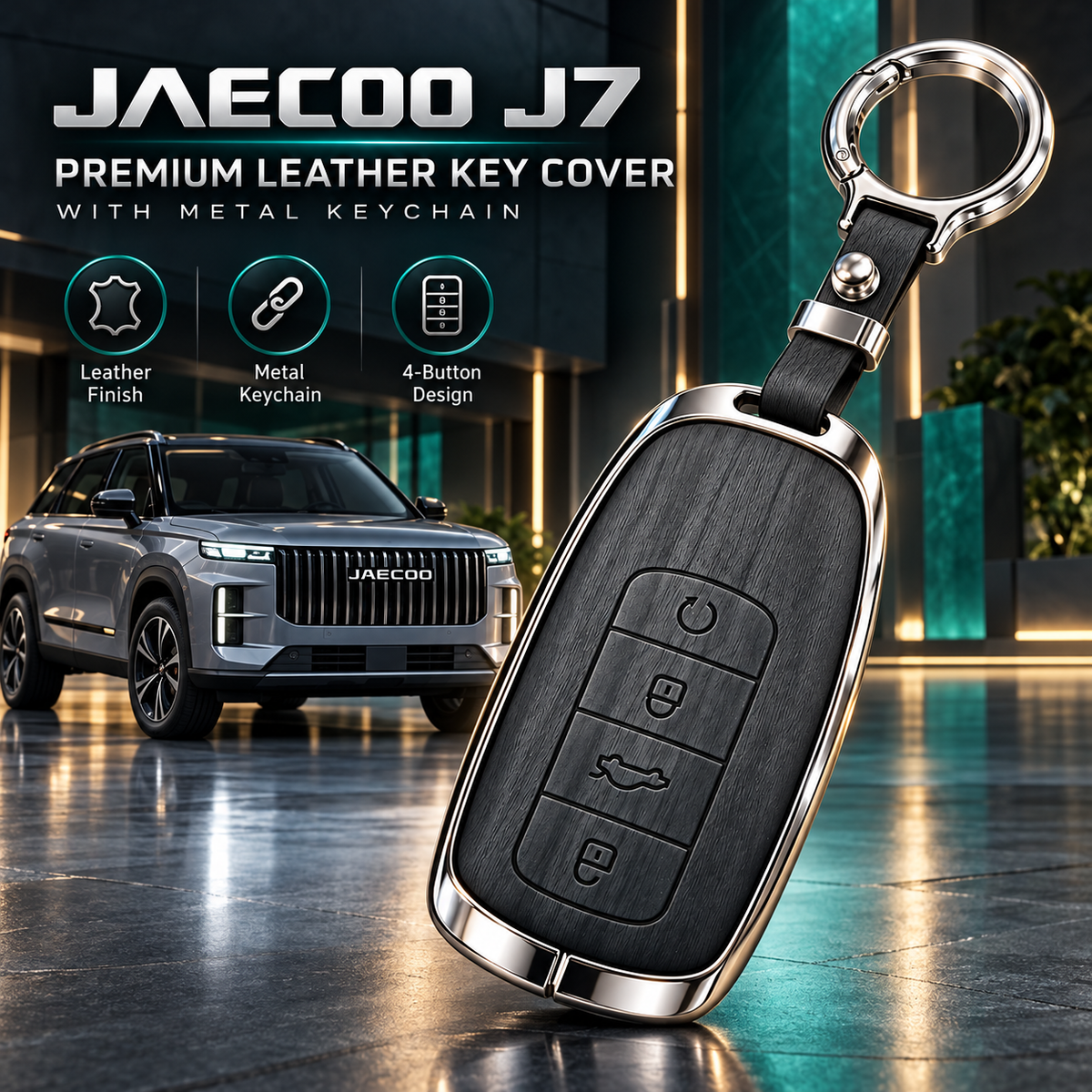Jaecoo J7, Jaecoo J7 Key Cover, Leather Key Case, Black Key Cover, Metal Keychain, 4 Button Key Cover, Car Key Accessories