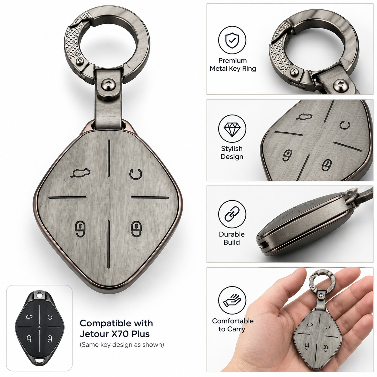 Jetour X70 Plus, Jetour Key Cover, X70 Plus Key Cover, Metal Key Cover, Smart Key Cover, Silver Key Cover, Car Key Case, Metal Keychain, Jetour Accessories, Car Accessories Pakistan