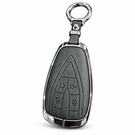 Premium Leather & Metal Key Cover with Keychain for Changan Oshan X7 – Dark Grey & Silver