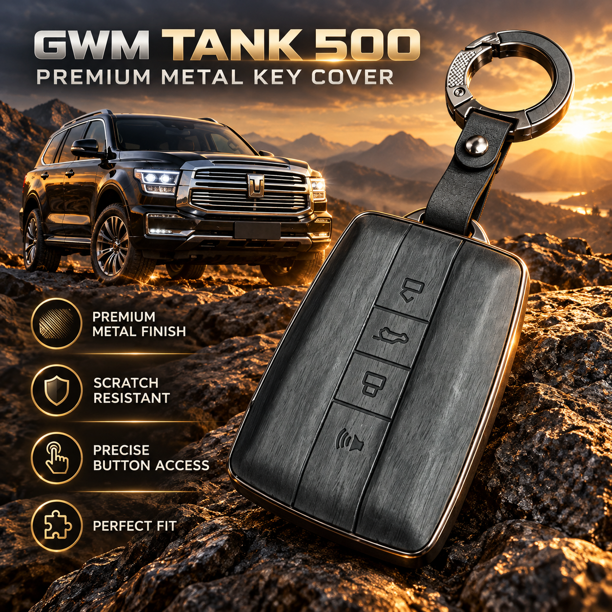 GWM TANK 500, TANK 500, TANK 500 HEV, GWM Key Cover, TANK 500 Key Cover, Metal Key Cover, 4 Button Key Cover, Smart Key Case, Gunmetal Key Cover, Brushed Metal Key Case, GWM Accessories, SUV Accessories, Car Keychain, Key Protection, Shark Auto