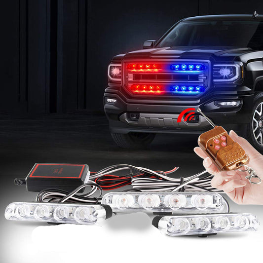 3-Piece LED Grill Strobe Flasher Lights with Remote – Universal Car Interior Emergency Light Kit