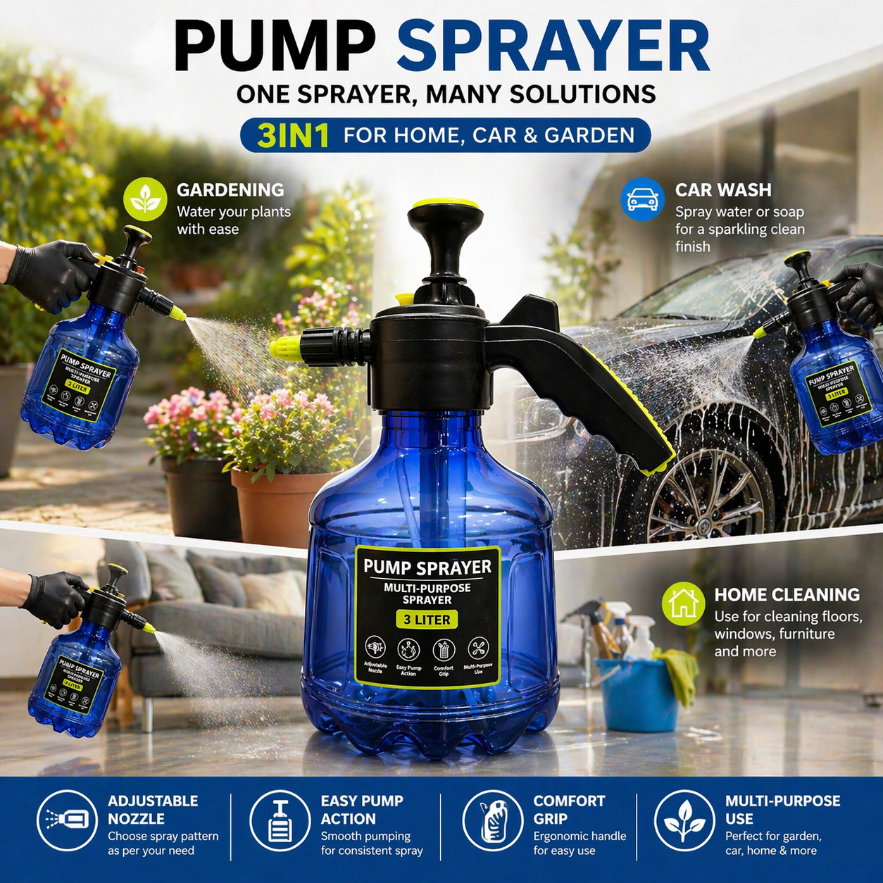 Blue pump sprayer with text highlighting its uses for home, car, and garden.