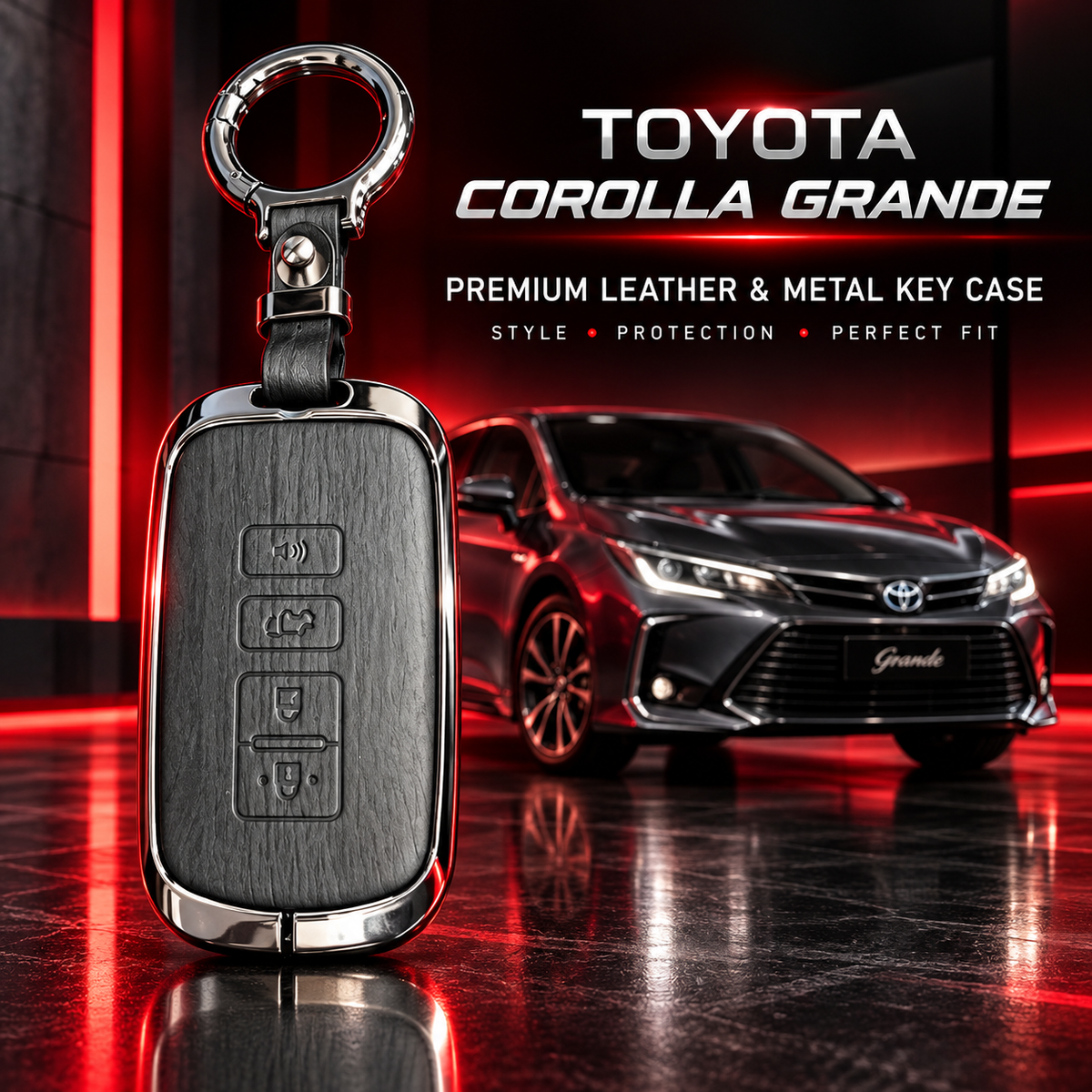 Toyota Corolla Grande Key Cover, Corolla Grande Key Case, Toyota Grande Remote Cover, Corolla Grande Smart Key Cover, Toyota Four Button Key Cover, Toyota Leather Key Cover, Toyota Metal Key Cover, Leather and Metal Key Case, Toyota Corolla Keychain Cover, Premium Car Key Cover, Gunmetal Key Cover, Scratch Resistant Key Case, Toyota Corolla Accessories, Corolla Grande Accessories Pakistan, Car Key Cover Pakistan