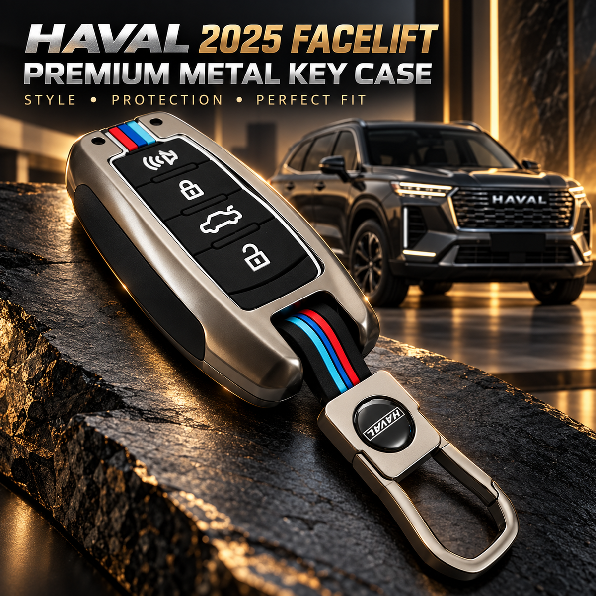 Haval Key Cover, Haval 2025 Facelift Key Cover, Haval Facelift Key Case, Haval Remote Cover, Haval 4 Button Key Cover, Haval Metal Key Cover, Haval Keychain Cover, Haval Smart Key Case, Premium Car Key Cover, Metal Key Case, Gunmetal Key Cover, Car Key Accessories, Haval Accessories Pakistan