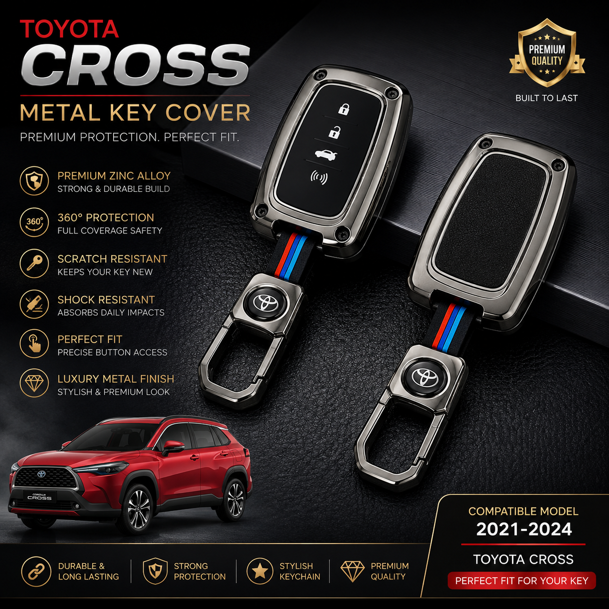 Toyota Corolla Cross, Corolla Cross 2021, Corolla Cross 2022, Corolla Cross 2023, Corolla Cross 2024, Toyota Cross Key Cover, Corolla Cross Key Cover, Toyota Key Cover, Zinc Alloy Key Cover, Metal Key Cover, Premium Key Case, 4 Button Key Cover, Smart Key Cover, Gunmetal Key Cover, Car Key Protection, Toyota Accessories, Car Key Accessories, Key Cover Pakistan, Shark Auto