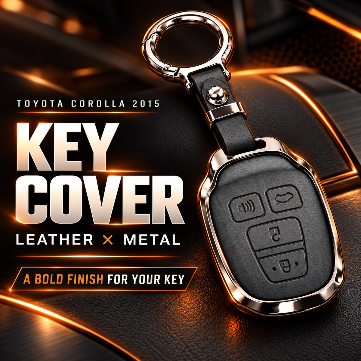 Toyota Corolla Key Cover, Toyota Corolla 2015 Key Cover, Corolla 2015 Remote Cover, Toyota Corolla Smart Key Case, Corolla Four Button Key Cover, Toyota Leather Key Cover, Toyota Metal Key Cover, Leather and Metal Key Case, Toyota Corolla Keychain Cover, Premium Car Key Cover, Scratch Resistant Key Case, Toyota Corolla Accessories, Corolla Accessories Pakistan, Car Key Cover Pakistan
