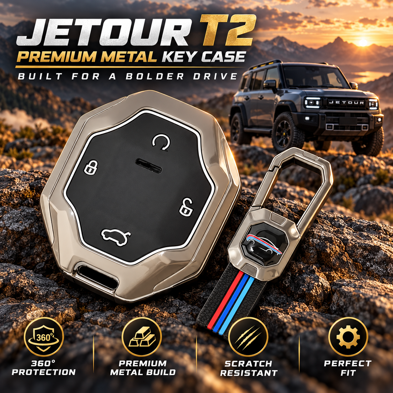 Jetour T2, Jetour T2 Key Cover, Jetour T2 Key Case, Jetour Accessories, Metal Key Cover, Zinc Alloy Key Cover, Smart Key Cover, 4 Button Key Cover, Car Key Case, Gunmetal Key Cover, Premium Keychain, Car Accessories, Key Protector, Jetour Keychain
