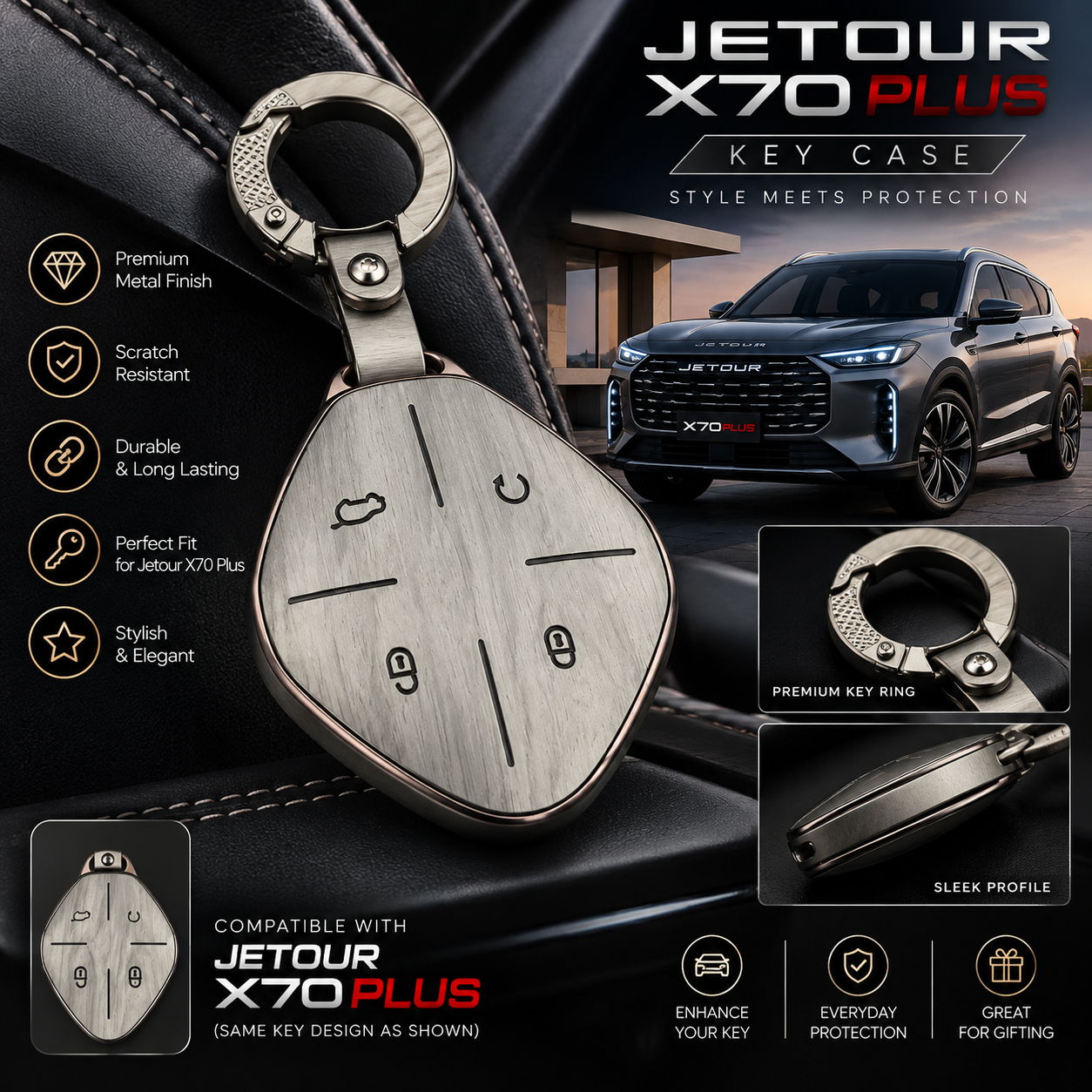 Jetour X70 Plus, Jetour Key Cover, X70 Plus Key Cover, Metal Key Cover, Smart Key Cover, Silver Key Cover, Car Key Case, Metal Keychain, Jetour Accessories, Car Accessories Pakistan
