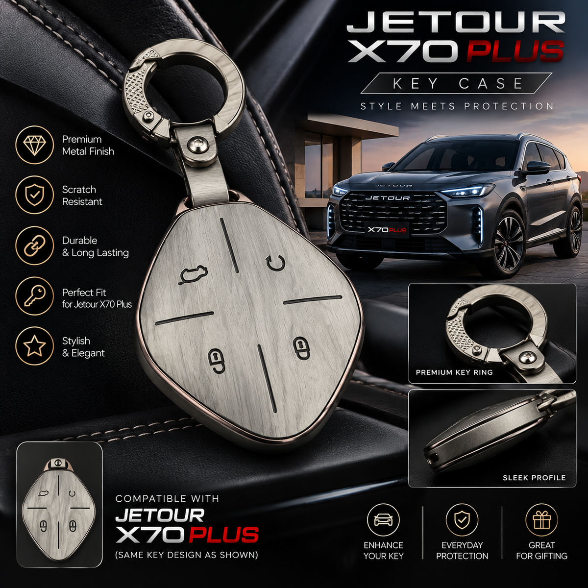 Jetour X70 Plus, Jetour Key Cover, X70 Plus Key Cover, Metal Key Cover, Smart Key Cover, Silver Key Cover, Car Key Case, Metal Keychain, Jetour Accessories, Car Accessories Pakistan