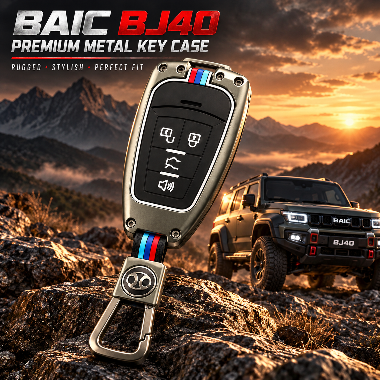 BAIC BJ40 Key Cover, BAIC BJ40 Plus Key Cover, BAIC Key Case, BJ40 Remote Cover, BAIC 4 Button Key Cover, BAIC Metal Key Cover, BJ40 Keychain Cover, BAIC Smart Key Case, Premium Car Key Cover, Metal Key Case, Gunmetal Key Cover, BAIC Accessories Pakistan, BJ40 Accessories, Car Key Accessories