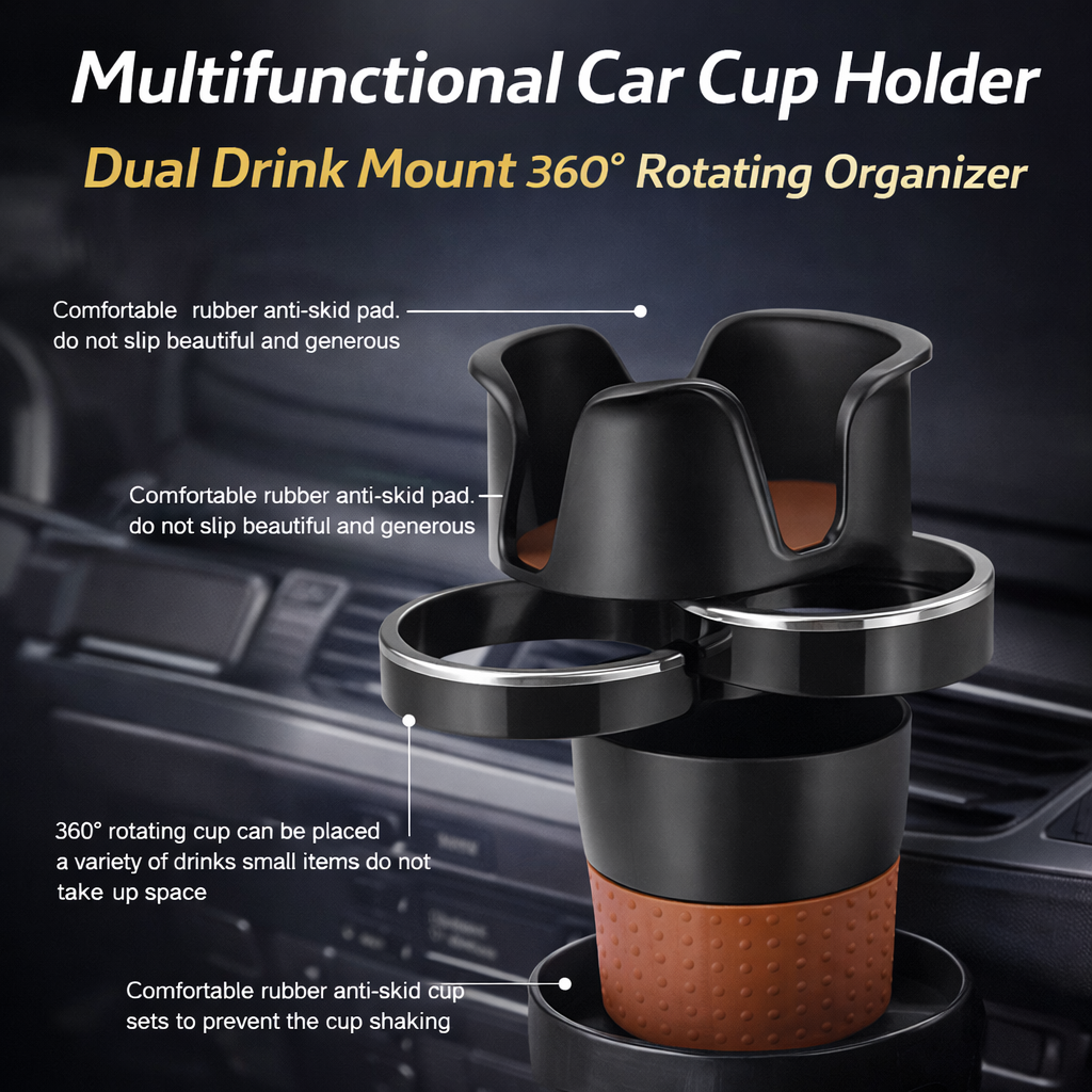 Multifunctional Car Cup Holder – Dual Drink Mount 360° Rotating Organizer